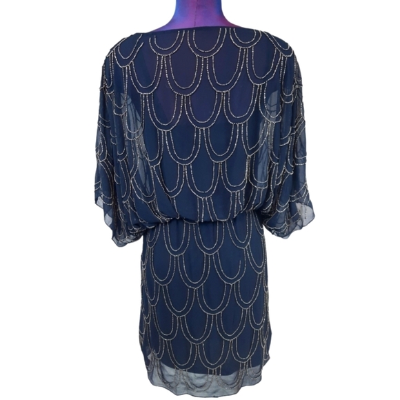 Cache Beaded Blouson Navy Chiffon Cocktail Dress Size 2‎ Women's - Picture 7 of 12